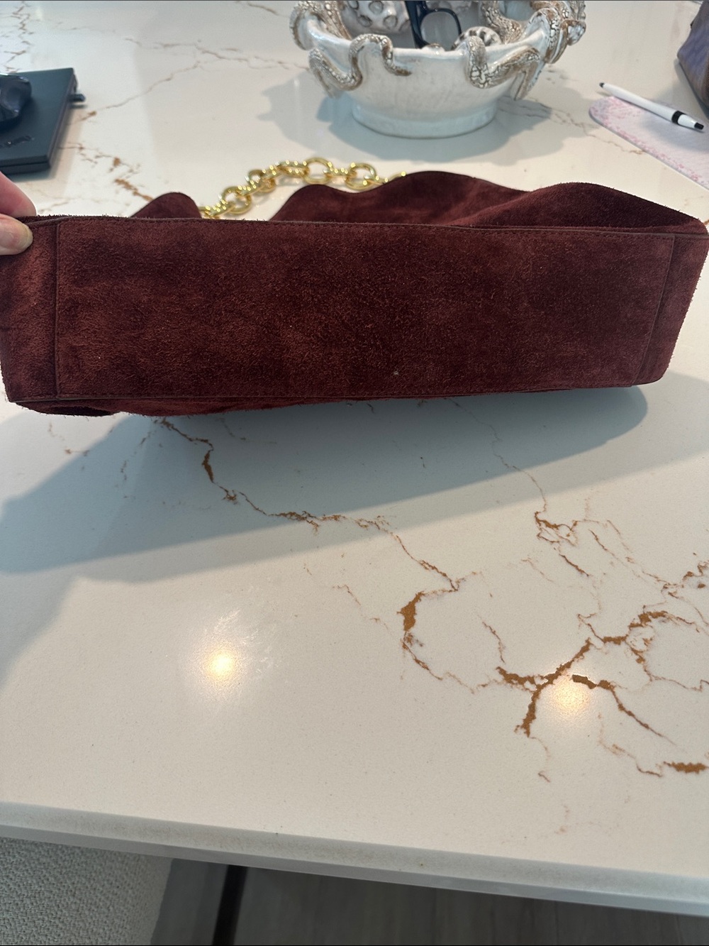 J. Crew Burgundy Berkeley Suede Shoulder Bag with Gold Chain Handle excellent - Picture 3 of 8